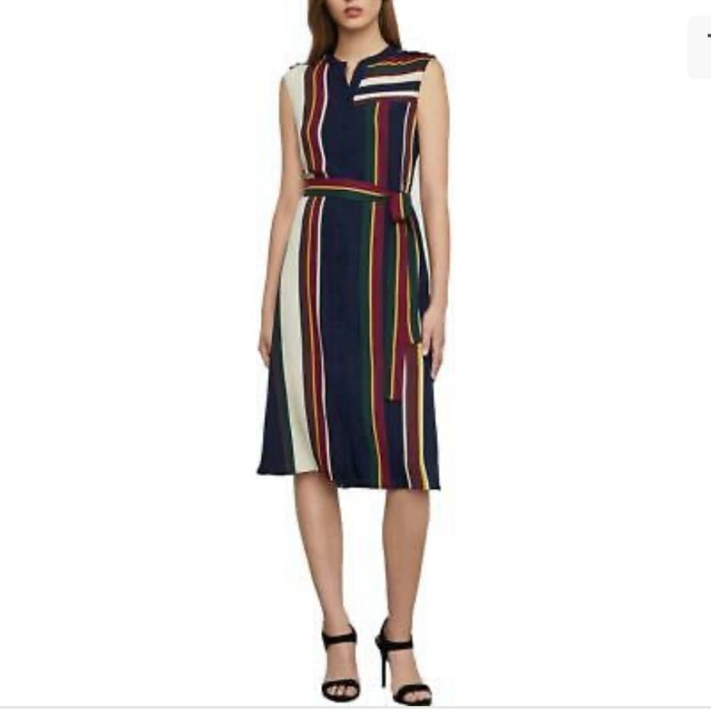 BCBGMAXAZRIA Sleeveless Striped Midi Knee Length Shirtdress Belt Navy Blue XXS